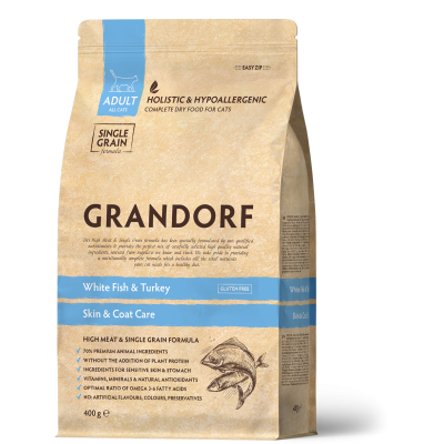 Hrană Uscată Holistică Fără Cereale cu Pește Alb și Curcan pentru Pisici Adulte cu Piele și Blană Sensibilă Grandorf 400 g