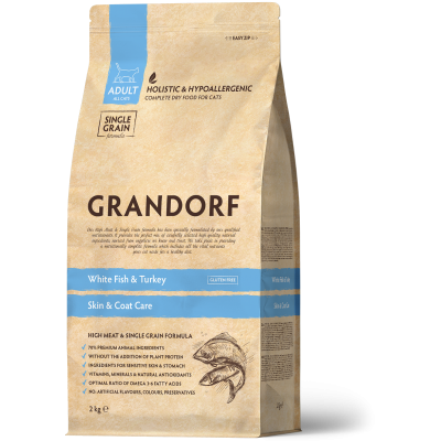 Hrană Uscată Holistică Fără Cereale cu Pește Alb și Curcan pentru Pisici Adulte cu Piele și Blană Sensibilă Grandorf 2 Kg