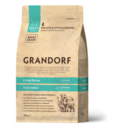 Hrană Uscată Holistică Fără Cereale cu 4 Tipuri de Carne pentru Pisici de Interior Grandorf 400 g