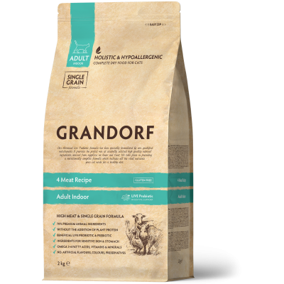 Hrană Uscată Holistică Fără Cereale cu 4 Tipuri de Carne pentru Pisici de Interior Grandorf 2 Kg