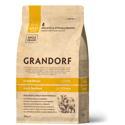 Hrană Uscată Holistică Fără Cereale cu 4 Tipuri de Carne pentru Pisici Sterilizate sau Seniori Grandorf 400 g