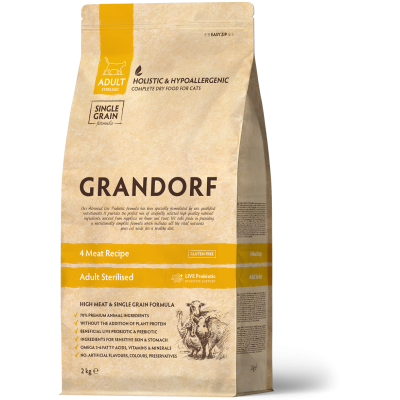 Hrană Uscată Holistică Fără Cereale cu 4 Tipuri de Carne pentru Pisici Sterilizate sau Seniori Grandorf 2 Kg