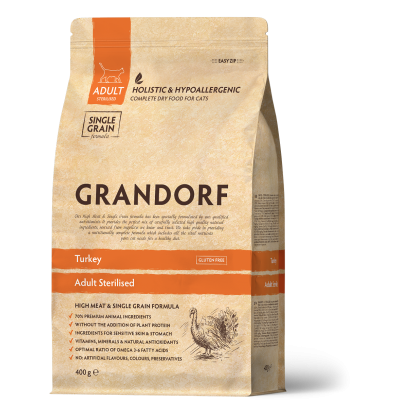 Hrană Uscată Holistică Fără Cereale cu Curcan pentru Pisici Sterilizate sau Seniori Grandorf 400 g