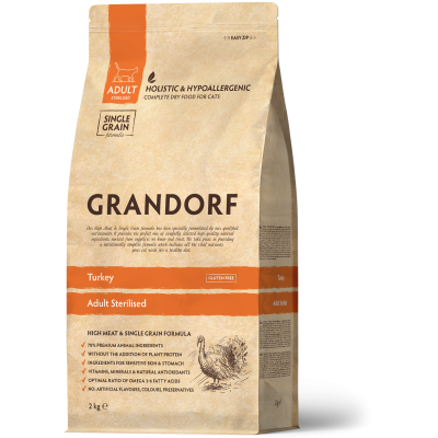 Hrană Uscată Holistică Fără Cereale cu Curcan pentru Pisici Sterilizate sau Seniori Grandorf 2 Kg