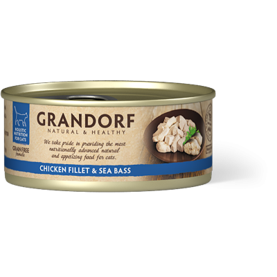 Hrană Umedă Holistică Fără Cereale cu Piept de Pui și Biban de Mare pentru Pisici Adulte Grandorf 70 g