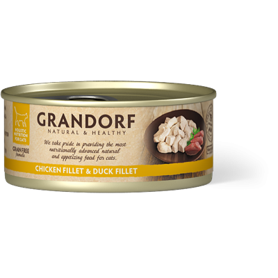 Hrană Umedă Holistică Fără Cereale cu Piept de Pui și File de Rață pentru Pisici Adulte Grandorf 70 g