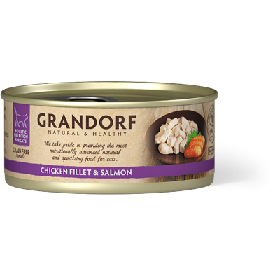 Hrană Umedă Holistică Fără Cereale cu Piept de Pui și Somon pentru Pisici Adulte Grandorf 70 g