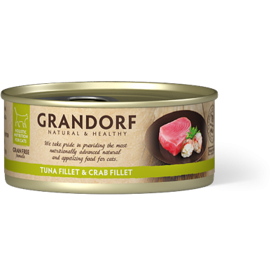 Hrană Umedă Holistică Fără Cereale cu File de Ton și Carne de Crab pentru Pisici Adulte Grandorf 70 g