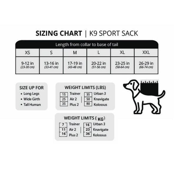 K9 Sport Sack size chart